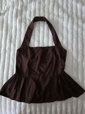 NWT Paper Heart Brown Halterneck Peplum Top Linen Blend XS